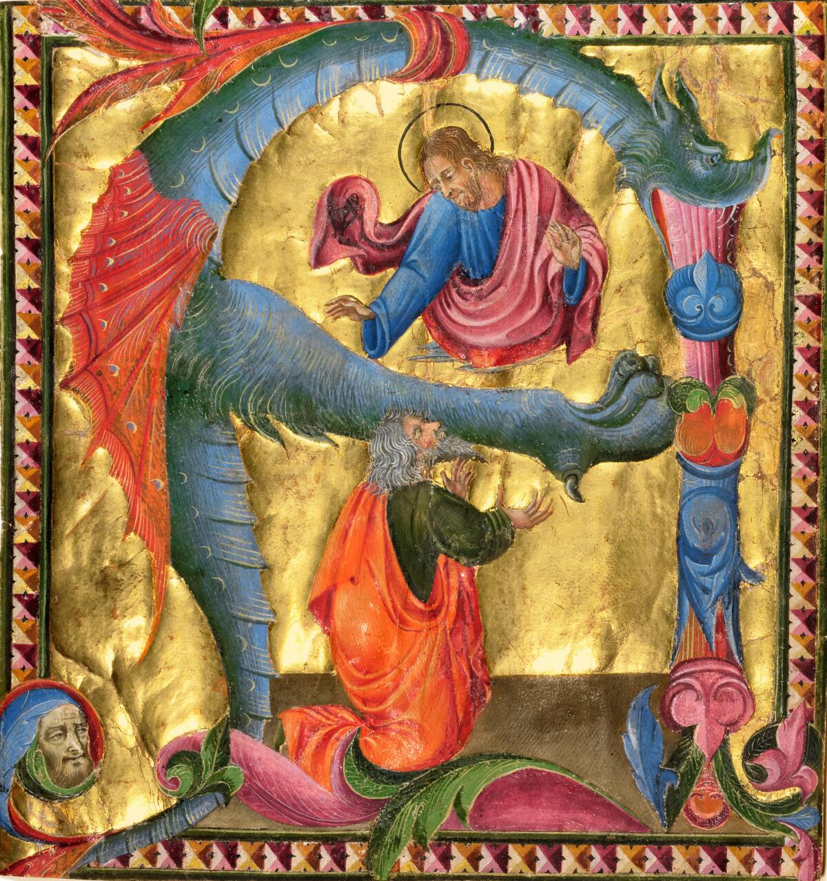 Giovanni di Paolo, "Initial A: Christ Appearing to David," about 1440, tempera, gold leaf and ink on parchment. (J. Paul Getty Museum)
