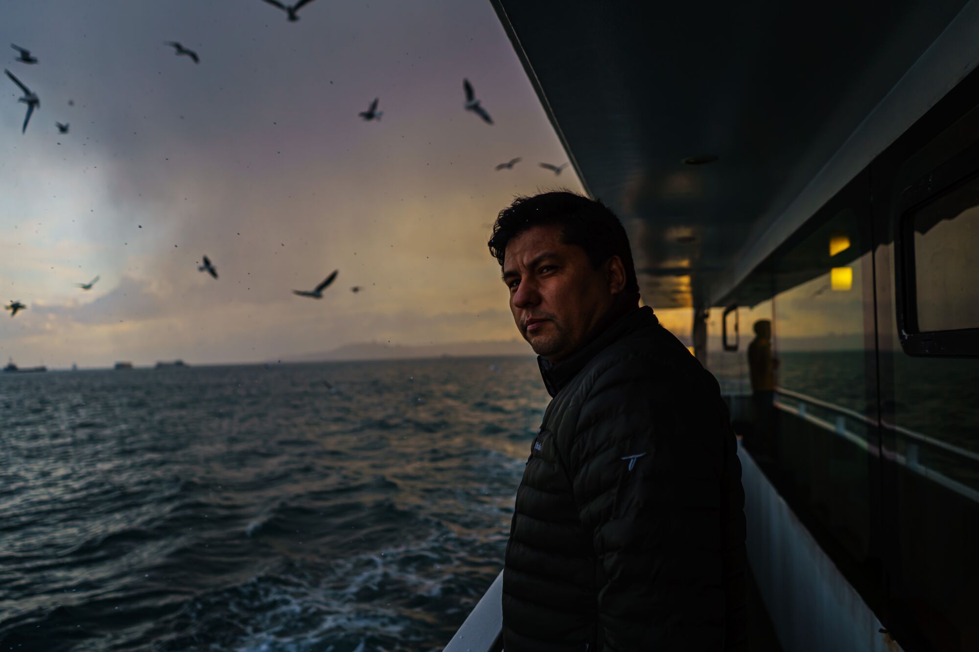 A man stands near a ferry railing looking at a choppy sea. Gulls fly in the background.