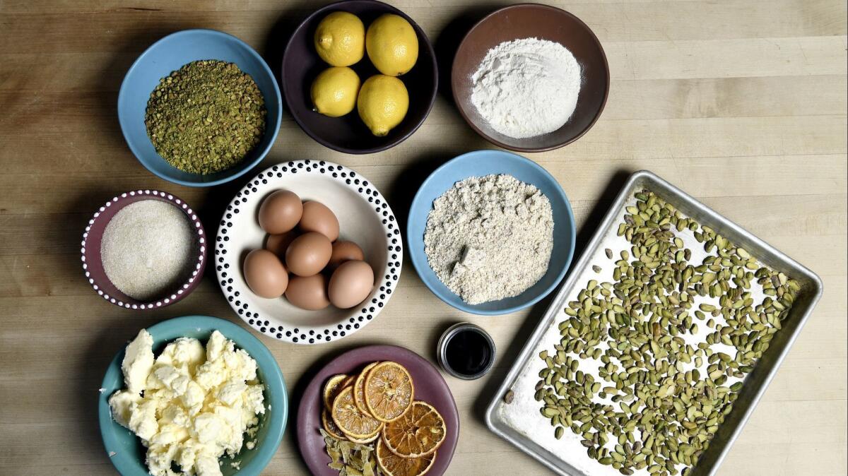Mise en place for the lemon pistachio cake: unsalted butter, sugar, toasted ground pistachios, lemons, all-purpose flour, almond meal, vanilla extract, kosher salt, eggs, toasted chopped pistachios.