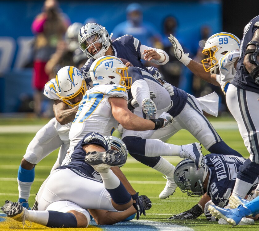 The Chargers' Joey Bosa (97) sacks Cowboys quarterback Dan Prescott.