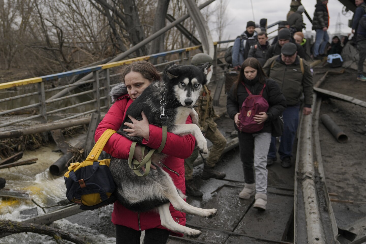A woman holds a dog while crossing the Irpin River on an improvised path under a bridge that was destroyed by a Russian airstrike, while assisting people fleeing the town of Irpin, Ukraine, Saturday, March 5, 2022. (AP Photo/Vadim Ghirda)