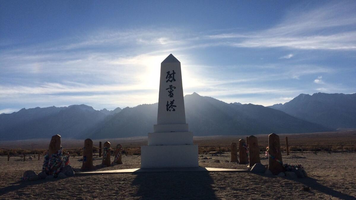 A view of the cemetery monument at the Manzanar Japanese American relocation center — now a historic site.