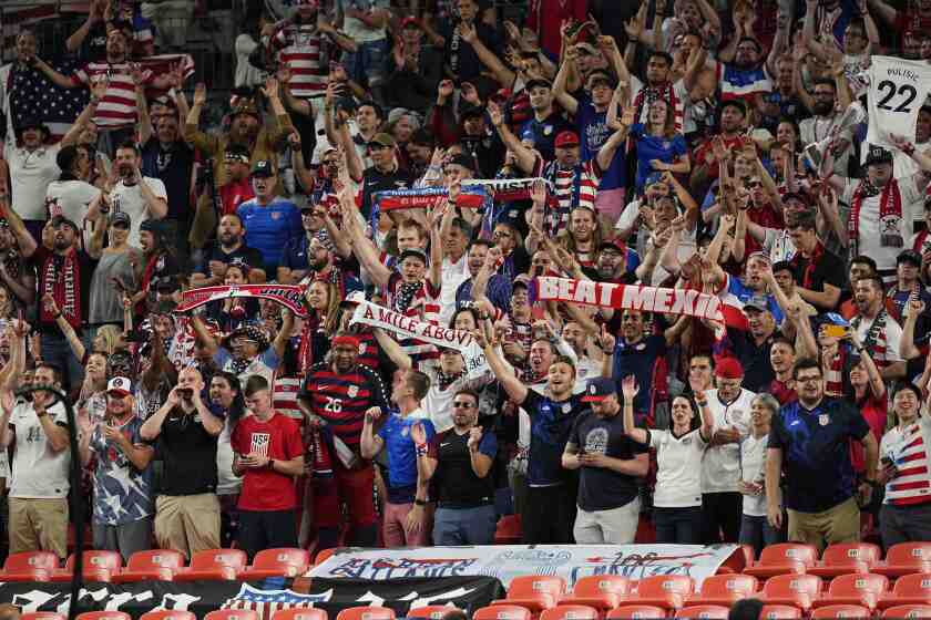 United States soccer fans cheer following the team's championship win against Mexico in extra time in the CONCACAF Nations League championship soccer match, Sunday, June 6, 2021, in Denver. (AP Photo/Jack Dempsey)