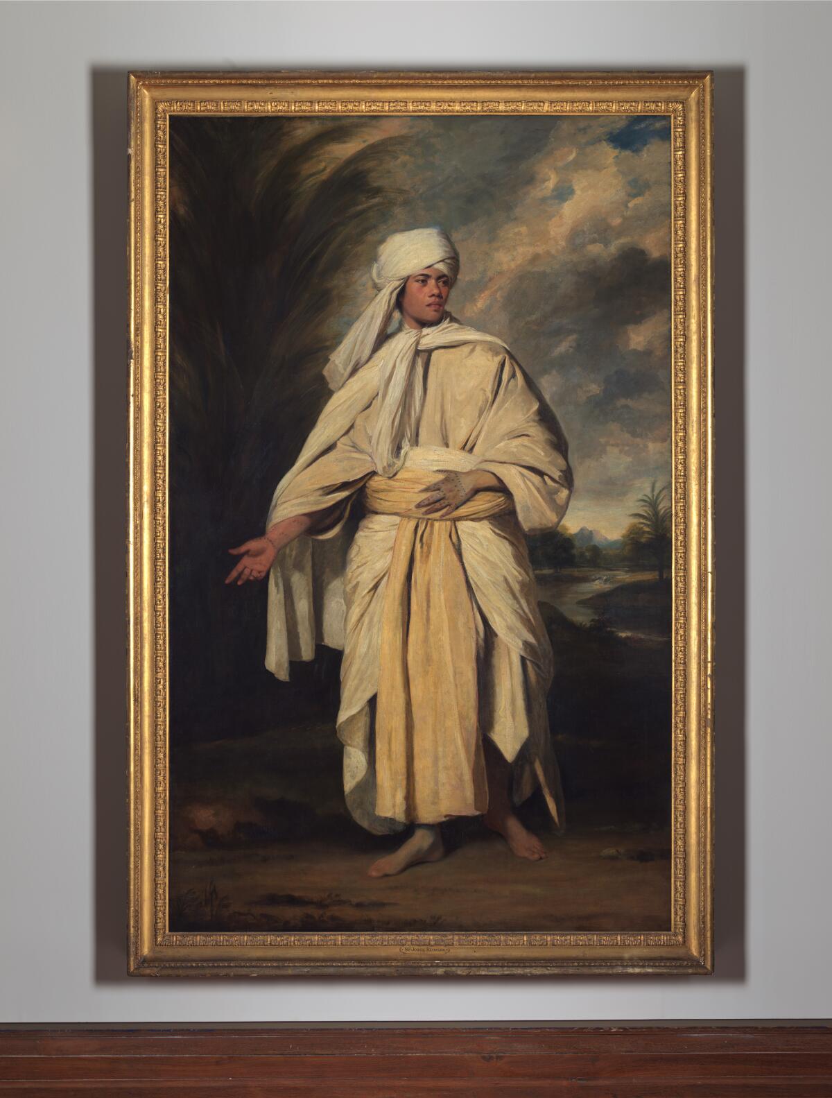 Sir Joshua Reynolds' oil painting "Portrait of Mai (Omai)," a man in a white turban and flowing light robes, circa 1776