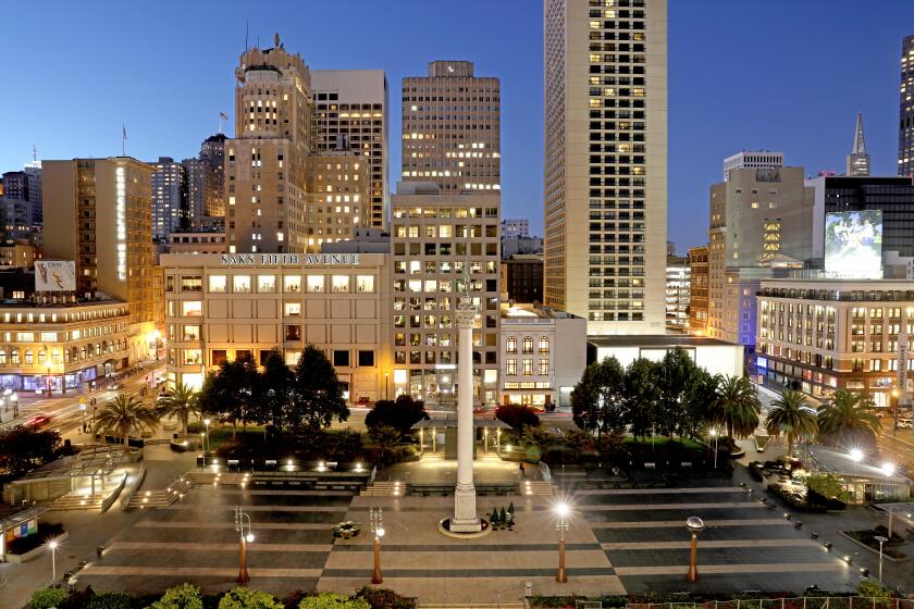 SAN FRANCISCO, CA - OCTOBER 13: Union Square is a 2.6-acre public plaza bordered by Geary, Powell, Post and Stockton Streets in downtown on Wednesday, Oct. 13, 2021 in San Francisco, CA. (Gary Coronado / Los Angeles Times)