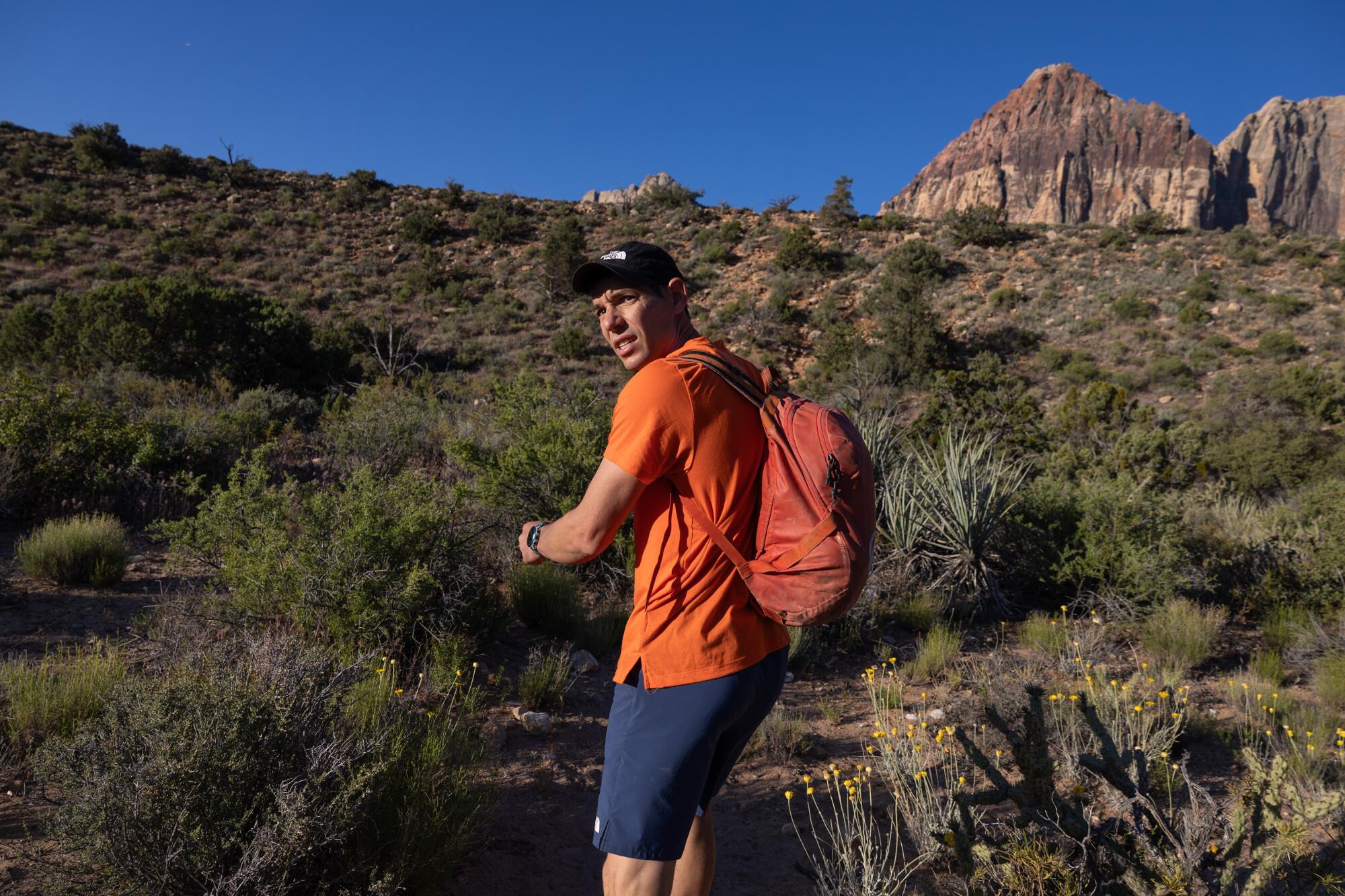 A fit man in T-shirt and shorts prepares to hike up a shrub-covered hillside. 