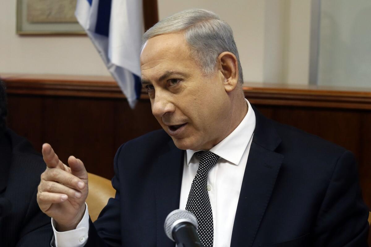 Israeli Prime Minister Benjamin Netanyahu at his weekly Cabinet meeting in Jerusalem on Sunday.