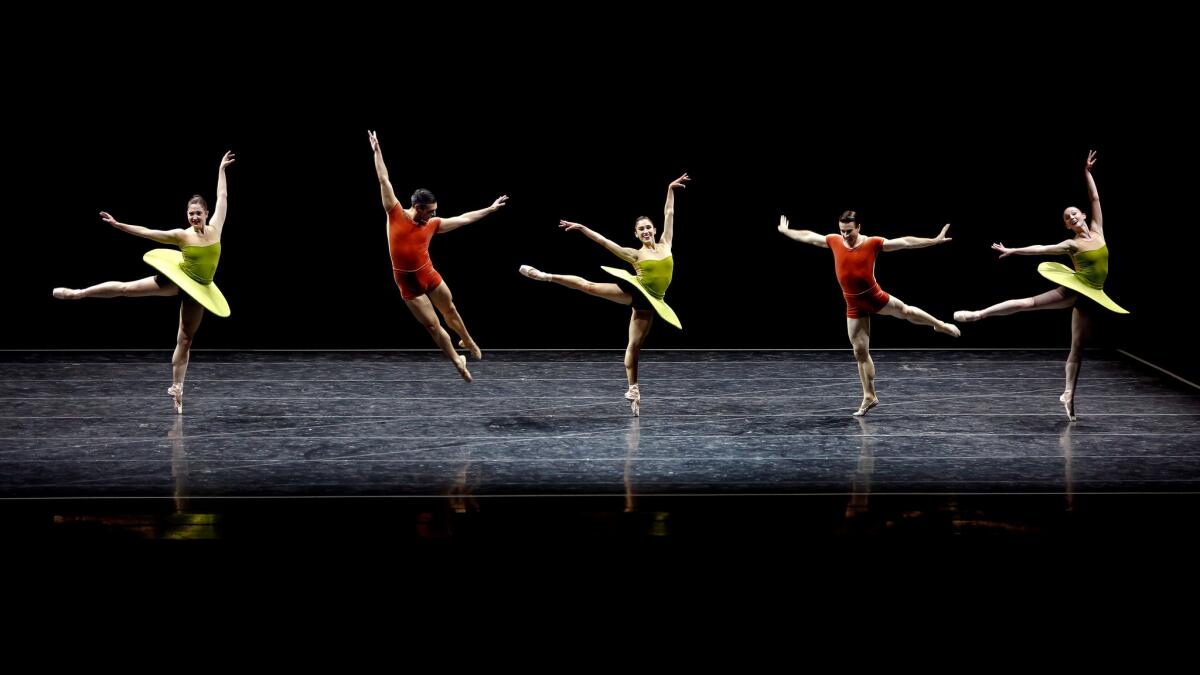 Pacific Northwest Ballet's Carrie Imler, left, Jonathan Porretta, Leta Biasucci, Benjamin Griffiths and Margaret Mullin perform "The Vertiginous Thrill of Exactitude."