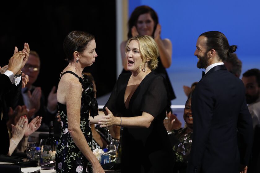 LOS ANGELES - SEPTEMBER 19: Julianne Nicholson and Kate Winslet from 'Mare of Easttown' appears at the 73RD EMMY AWARDS, broadcast Sunday, Sept. 19 (8:00-11:00 PM, live ET/5:00-8:00 PM, live PT) on the CBS Television Network and available to stream live and on demand on Paramount+. (Photo by Cliff Lipson/CBS via Getty Images)