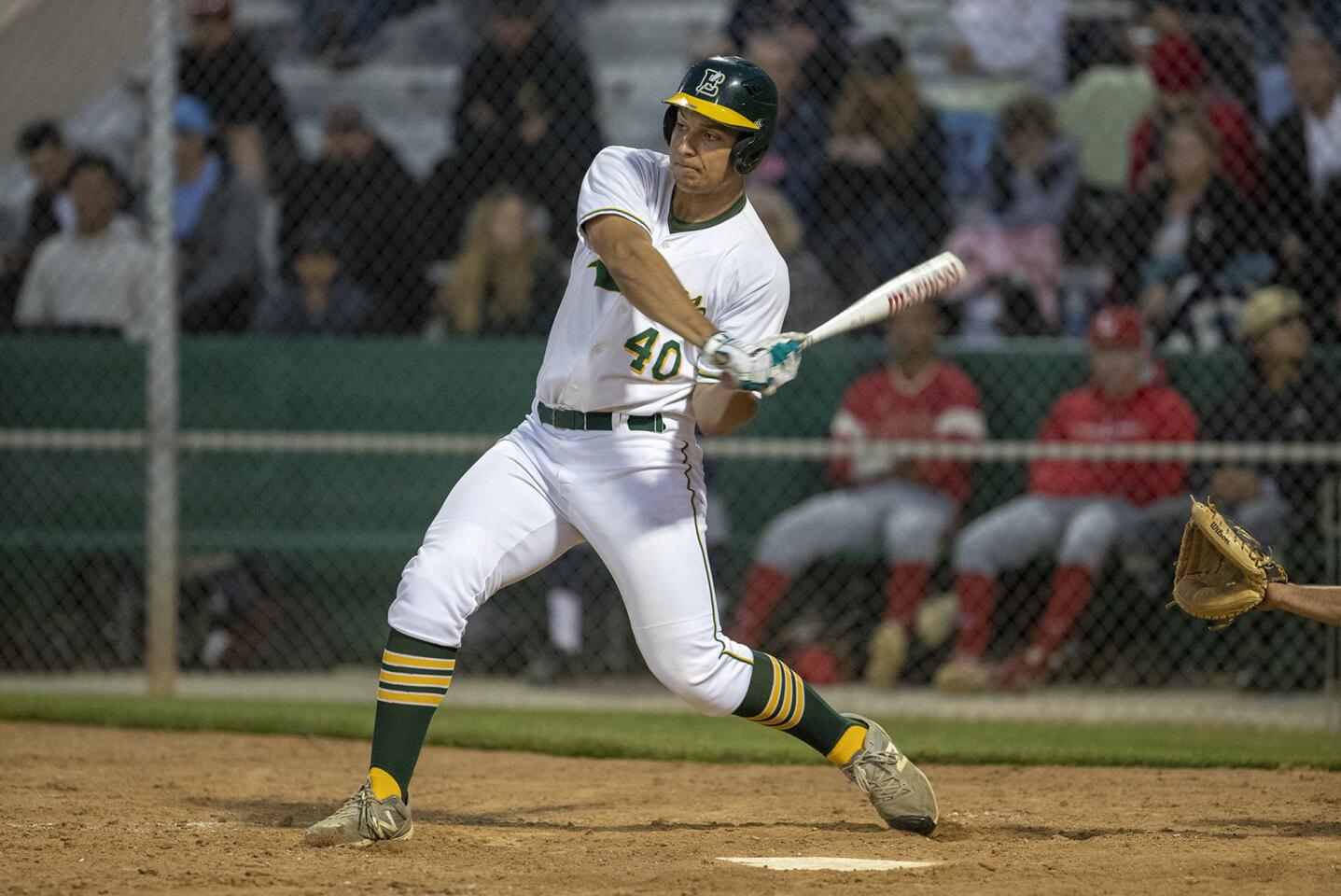Edison's Matt Swartz hits for the South during the Kiwanis Club of Greater Anaheim's 52nd Orange County High School All-Star Baseball Game for seniors at La Palma Park's Dee Fee Field in Anaheim on Tuesday.