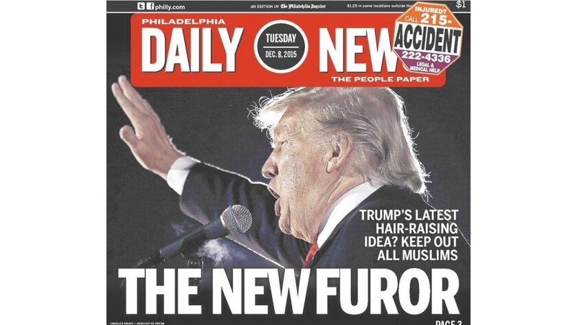 Donald Trump raises his arm in a gesture similar to a Nazi salute in the Philadelphia Daily News.