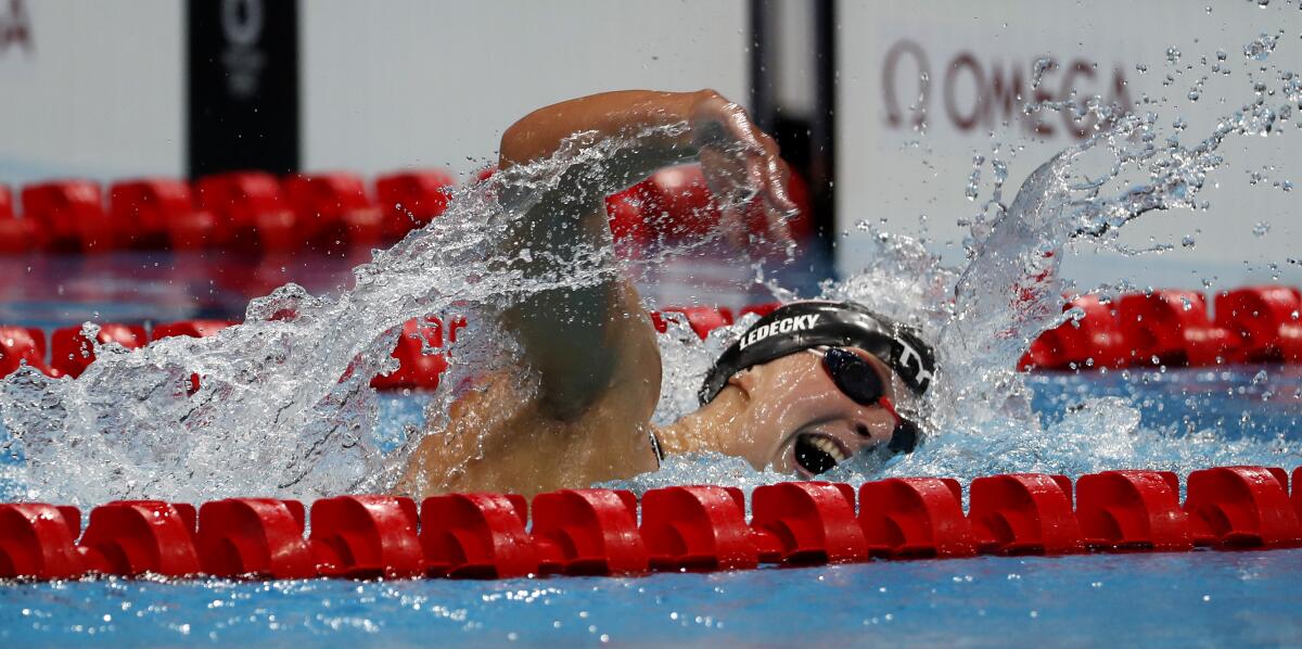 Katie Ledecky swims in the women's 800-meter freestyle Saturday.
