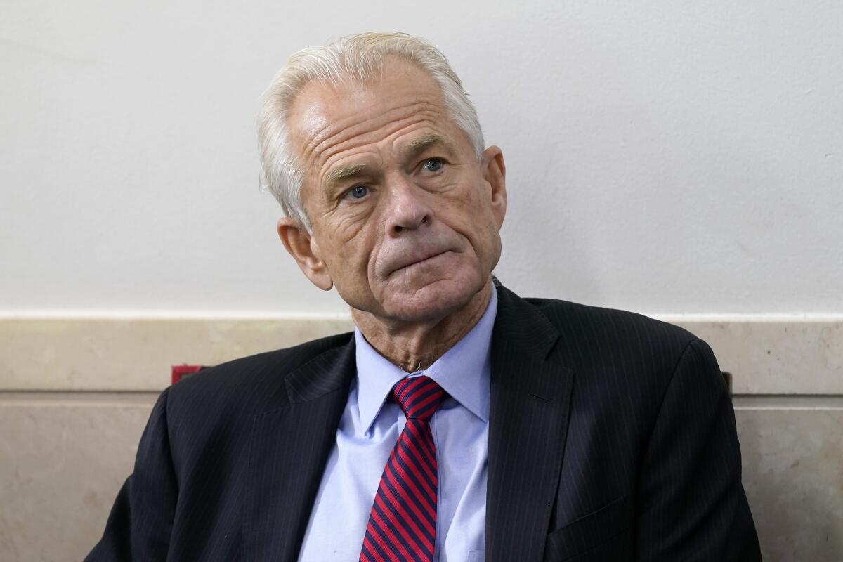 A close shot of Peter Navarro sitting with his head tilted, looking to his left 