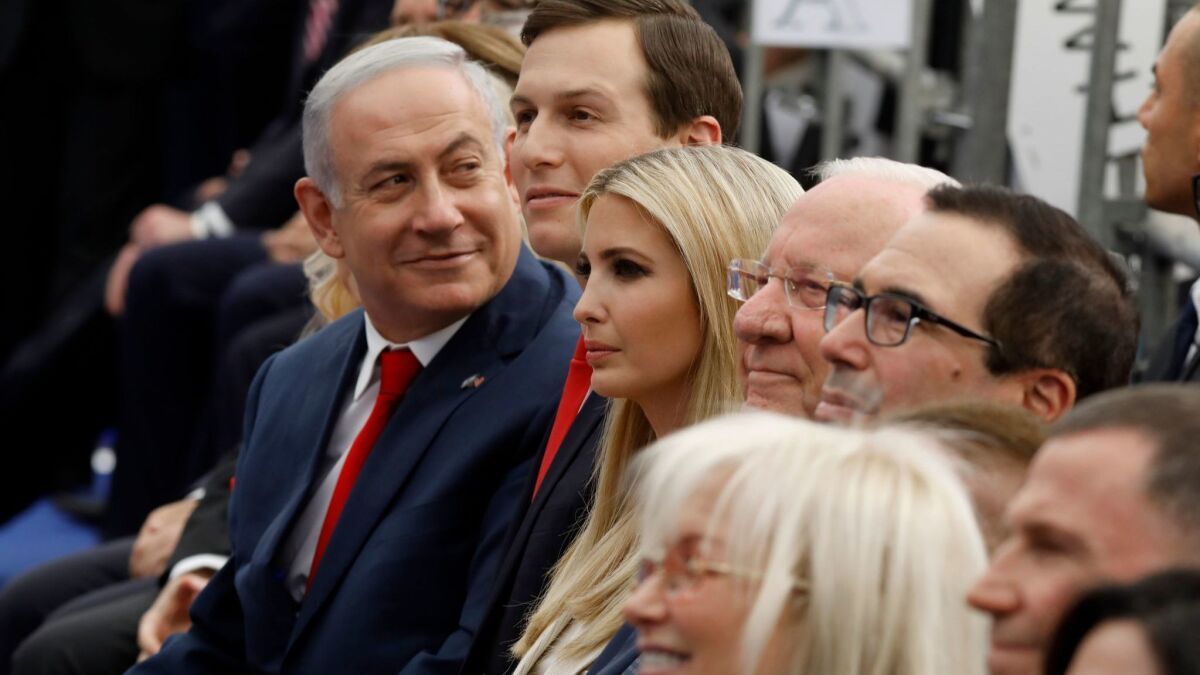 From left, Israeli Prime Minister Benjamin Netanyahu, senior White House advisor Jared Kushner, Ivanka Trump, Israeli President Reuven Rivlin and U.S. Treasury Secretary Steven T. Mnuchin attend the opening of the U.S. Embassy in Jerusalem on May 14.