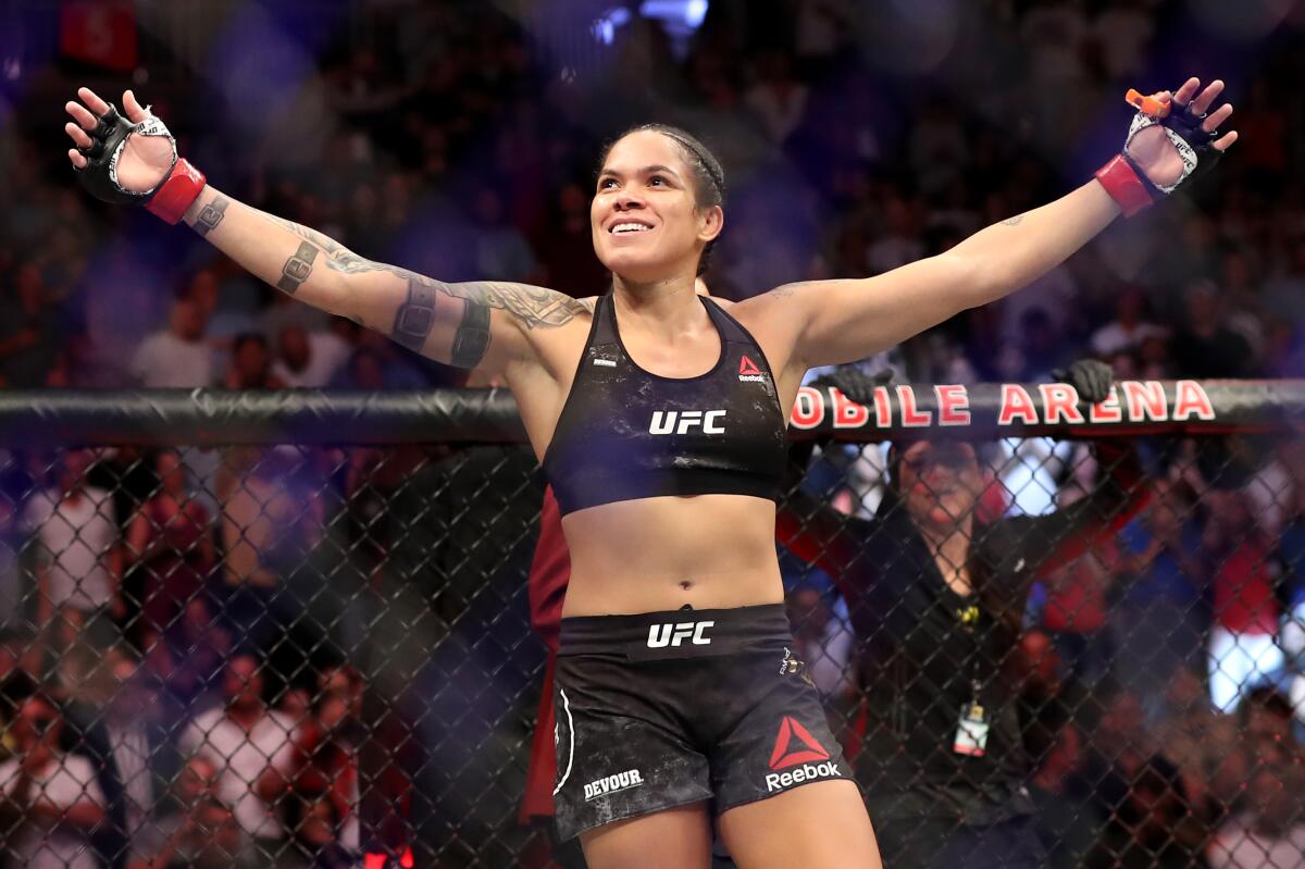 Amanda Nunes reacts after defeating Holly Holm during their UFC women’s bantamweight title bout July 6 in Las Vegas.