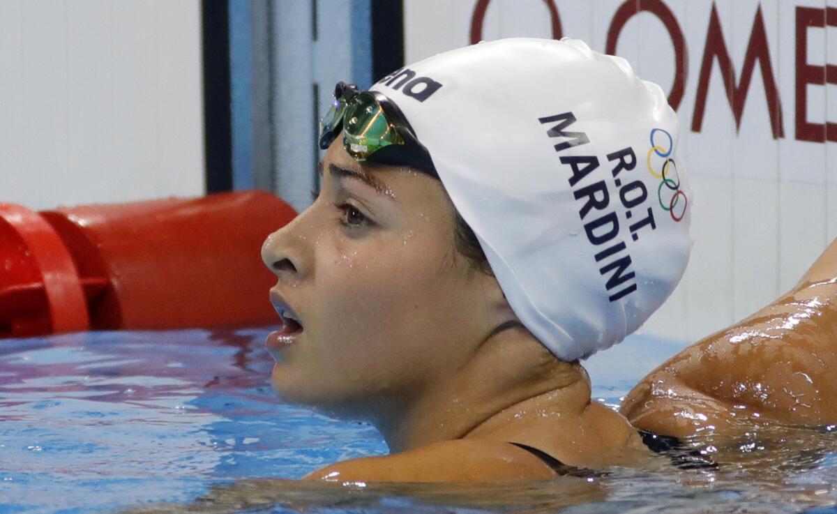 La nadadora refugiada Yusra Mardini tras la competencia de 100m mariposa femenino, en el estadio Olímpico Acuático en Río de Janeiro.