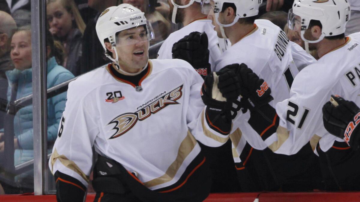 Ducks defenseman Ben Lovejoy celebrates with his teammates after scoring against the Colorado Avalanche in March. Lovejoy has developed into a solid blueliner during his time in Anaheim.