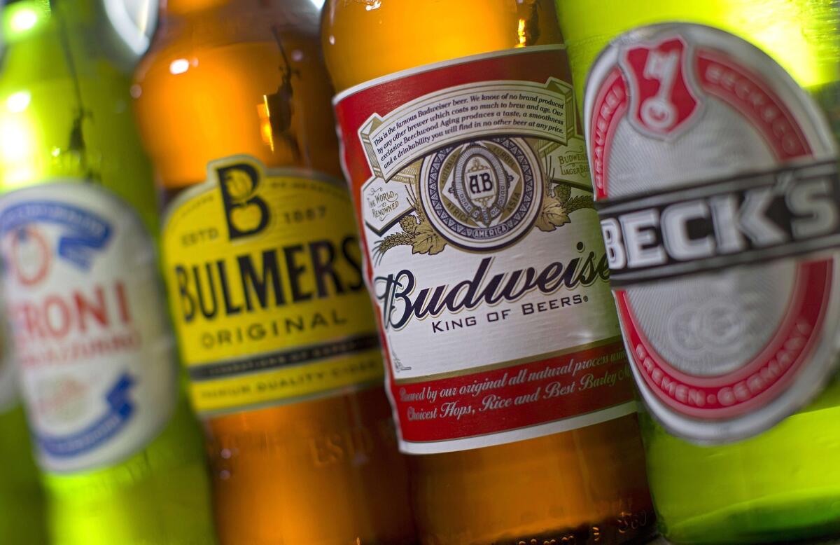 Bottles of beer and cider produced by Belgian-Brazilian group Anheuser-Busch InBev, (Budweiser and Beck's) and British brewer SABMiller (Peroni and Bulmers).