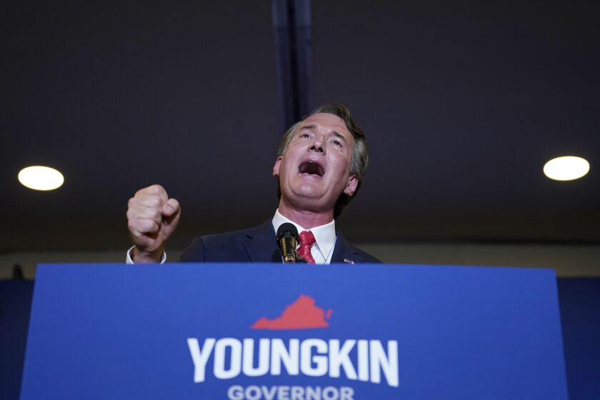 Virginia Gov.-elect Glenn Youngkin speaks at an election night party in Chantilly, Va., early Wednesday, Nov. 3, 2021, after he defeated Democrat Terry McAuliffe. (AP Photo/Andrew Harnik)