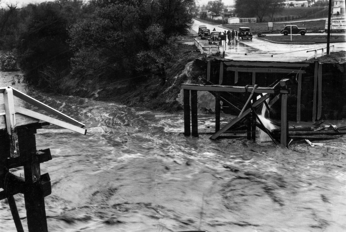 March 2, 1938: Washed out bridge over the Los Angeles River at Colfax Avenue in Studio City.