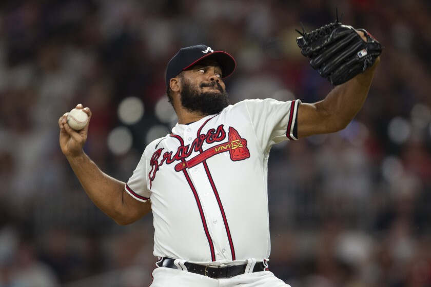 Atlanta Braves relief pitcher Kenley Jansen works in the eighth inning of a baseball game against the San Francisco Giants, Monday, June 20, 2022, in Atlanta. (AP Photo/Hakim Wright Sr.)