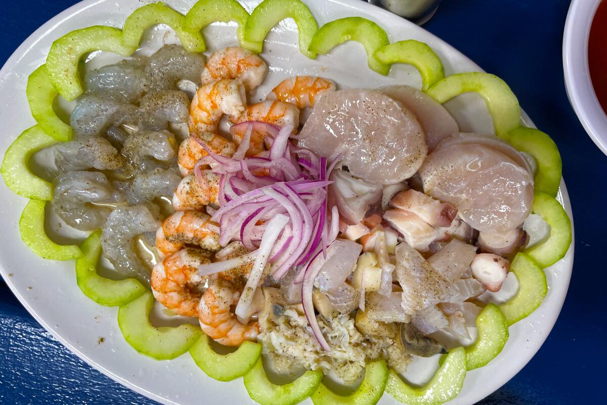 overhead view of a plate full of seafood