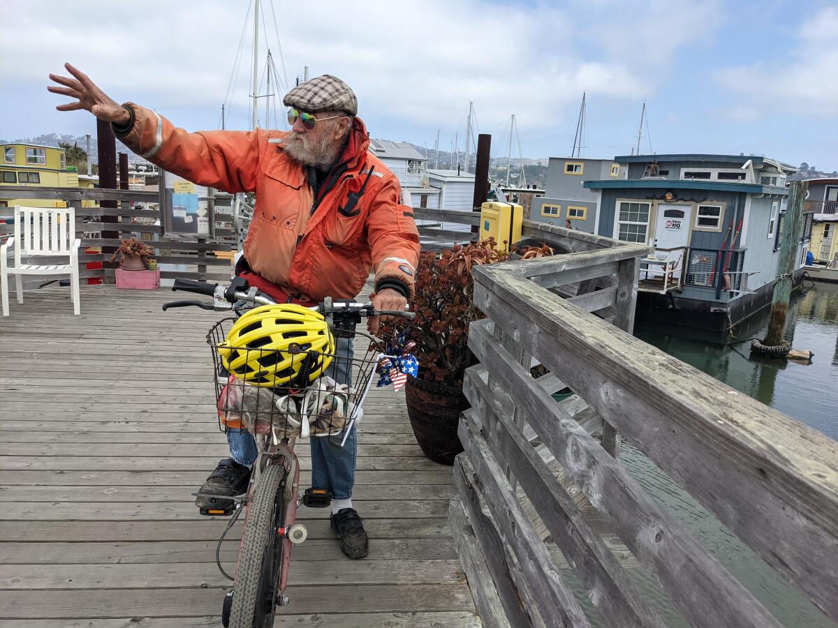 Greg Baker on an e-bike someone gave him recently on the Sausalito waterfront.
