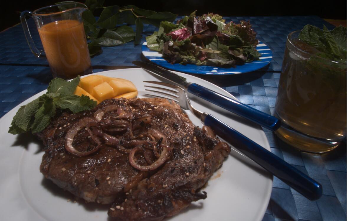 Kalbi steak with mint tea and tangy ginger dressing. 