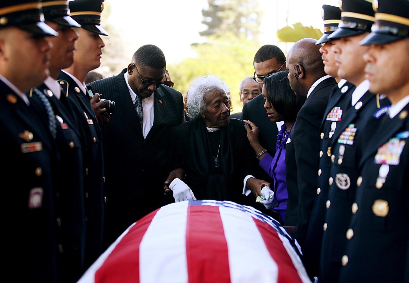 Clara Gantt, 94, arrives for the funeral service for her husband, Army 1st Class Sgt. Joseph Gantt, at the Dwelling Place Foursquare Church in Inglewood on Saturday.