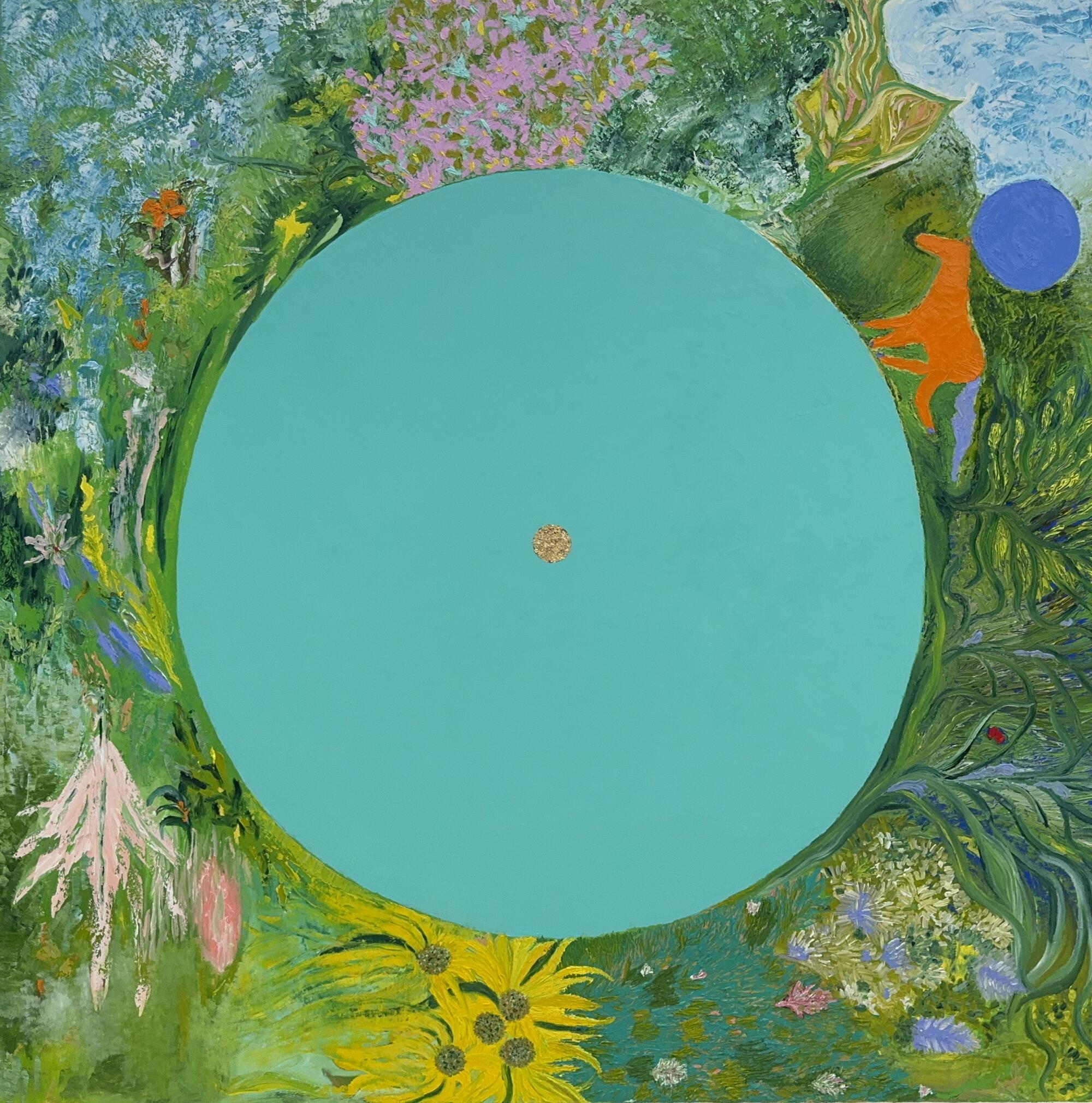 A turquoise circle surrounded by pink, yellow and blue flowers, and lots of greenery. 