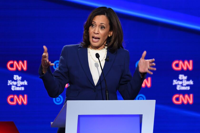 Democratic presidential hopeful California Senator Kamala Harris gestures as she speaks during the fourth Democratic primary debate of the 2020 presidential campaign season co-hosted by The New York Times and CNN at Otterbein University in Westerville, Ohio on October 15, 2019. (Photo by SAUL LOEB / AFP) (Photo by SAUL LOEB/AFP via Getty Images)