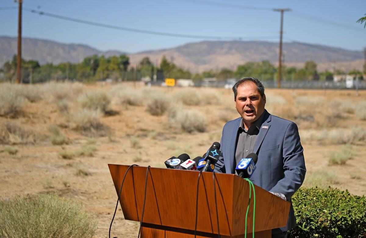 Rep. Mike Garcia speaks during a news conference in Palmdale in 2021. 
