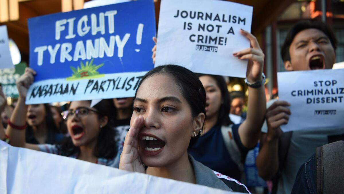 Students protest in support of free speech and the press in Manila on Feb. 14.