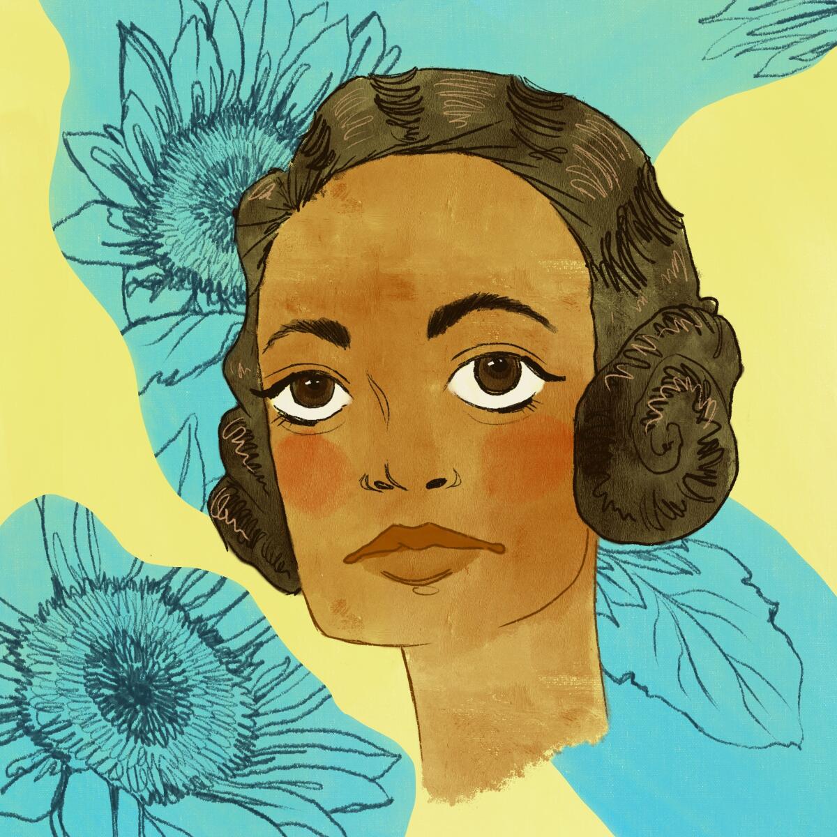 An illustration of Marie Clark Taylor on a blue and yellow background with flowers 
