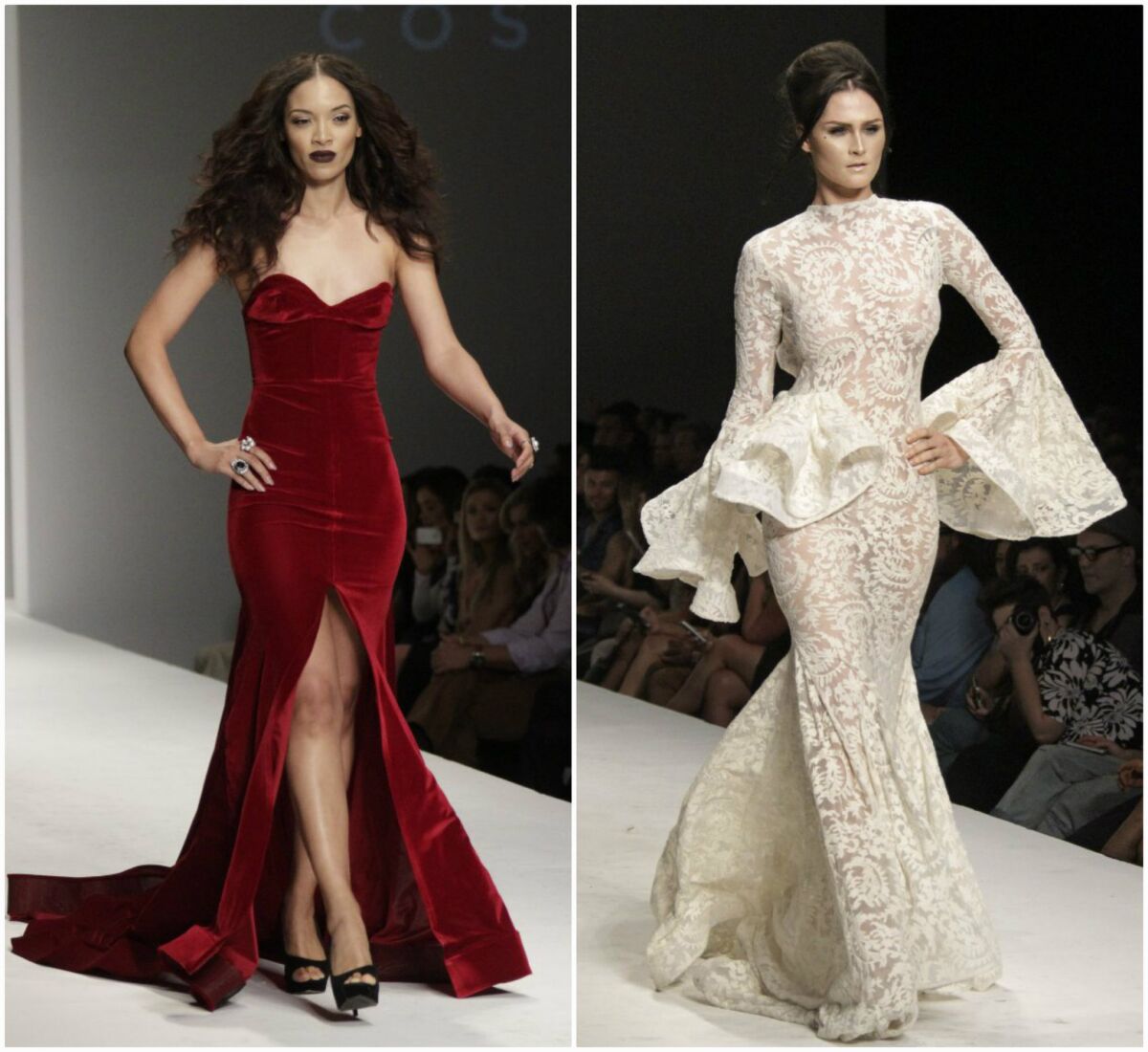 Looks from the MT Costello, left, and Michael Costello, right, runway collections presented Monday at Style Fashion Week in Los Angeles.