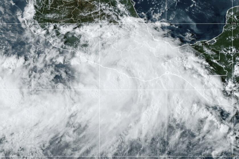 This National Oceanic and Atmospheric Administration satellite image taken at 6:10pm ET shows Hurricane John near southern Mexico on Monday, Sept. 23, 2024. (NOAA via AP)