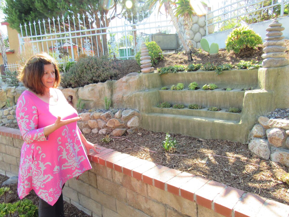 La Mesa resident Shan Cissell looks over some of the work done in her back yard last year and in 2019 by she and her husband, Bob, to be water wise. The couple is this year’s Otay Water District winner for the “Best in District” in the San Diego County Water Authority's annual WaterSmart Landscape Contest.