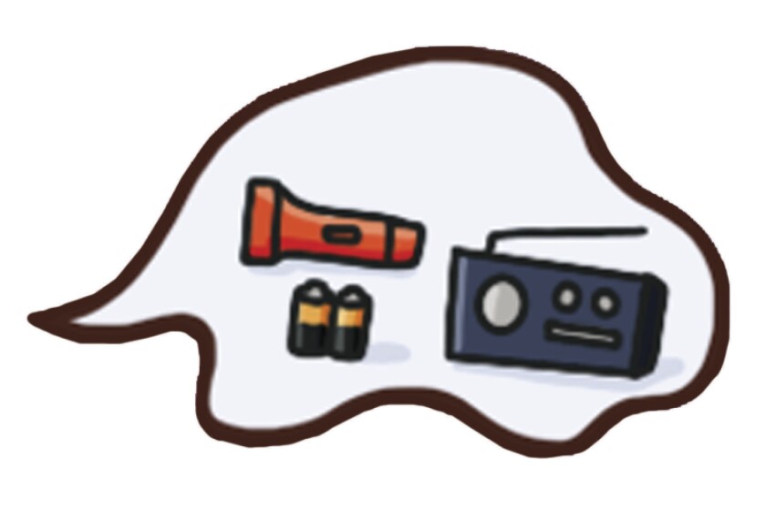 Illustration of a flashlight, a radio and batteries