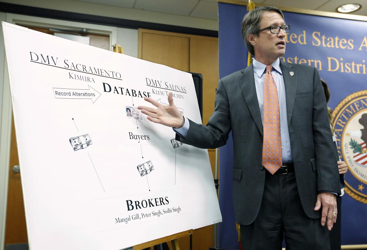 FILE - Benjamin B.Wagner, the former United States Attorney for the Eastern District of California, gestures to a chart showing how California Department of Motor Vehicle employees were bribed for providing fraudulent California licenses to commercial truck drivers, on Aug. 11, 2015, in Sacramento, Calif. The last of 20 defendants in the case that helped put hundreds of unqualified drivers on the nation's highways operating big commercial vehicles has been successfully prosecuted, federal officials said Monday, Nov. 14, 2022. (AP Photo/Rich Pedroncelli, File)