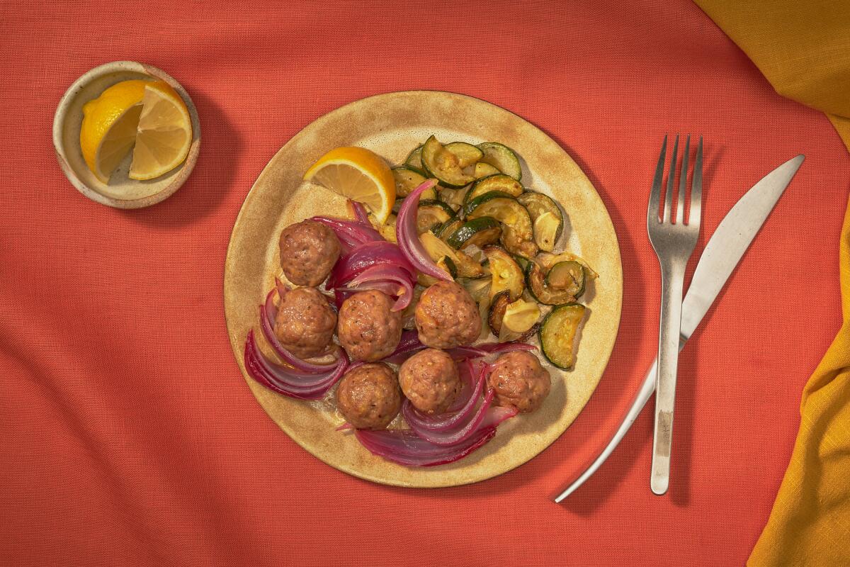 Roast Turkey Meatballs and Onions With Lemony Sautéed Zucchini