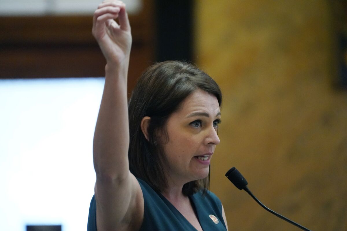 Rep. Shanda Yates, I-Jackson, gestures as she outlines the proposed jurisdiction of the Capitol Police within the city of Jackson, during floor debate on the bill, Wednesday, March 8, 2023, at the Mississippi Capitol in Jackson. (AP Photo/Rogelio V. Solis)