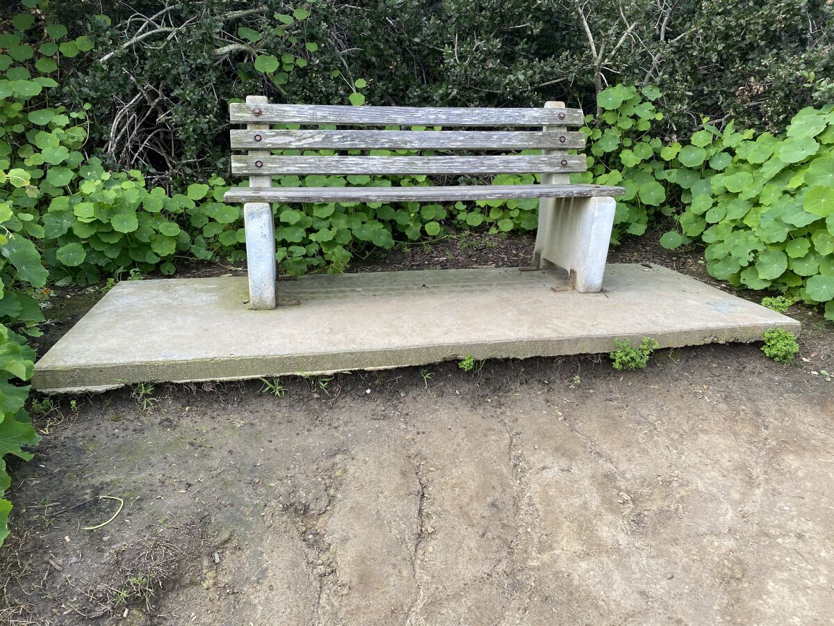 Due to erosion, some benches once installed along Coast Walk Trail in La Jolla now sit 2-feet above it; as pictured in March 2020.