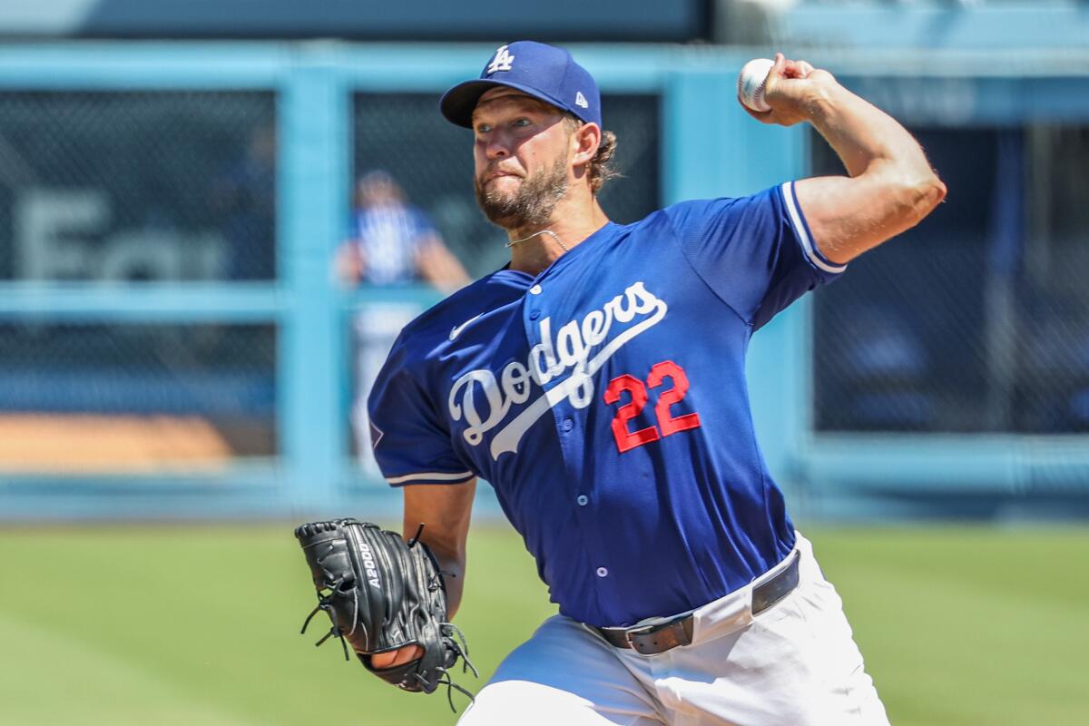 Left-hander Clayton Kershaw throws from the mound at Dodger Stadium