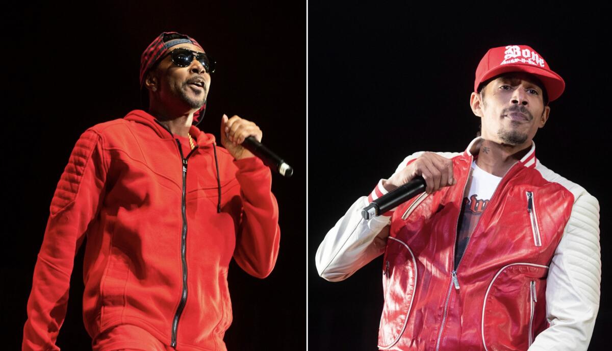 Separate images of Krayzie Bone in a red tracksuit rapping and Layzie Bone in a red and white jacket and red cap