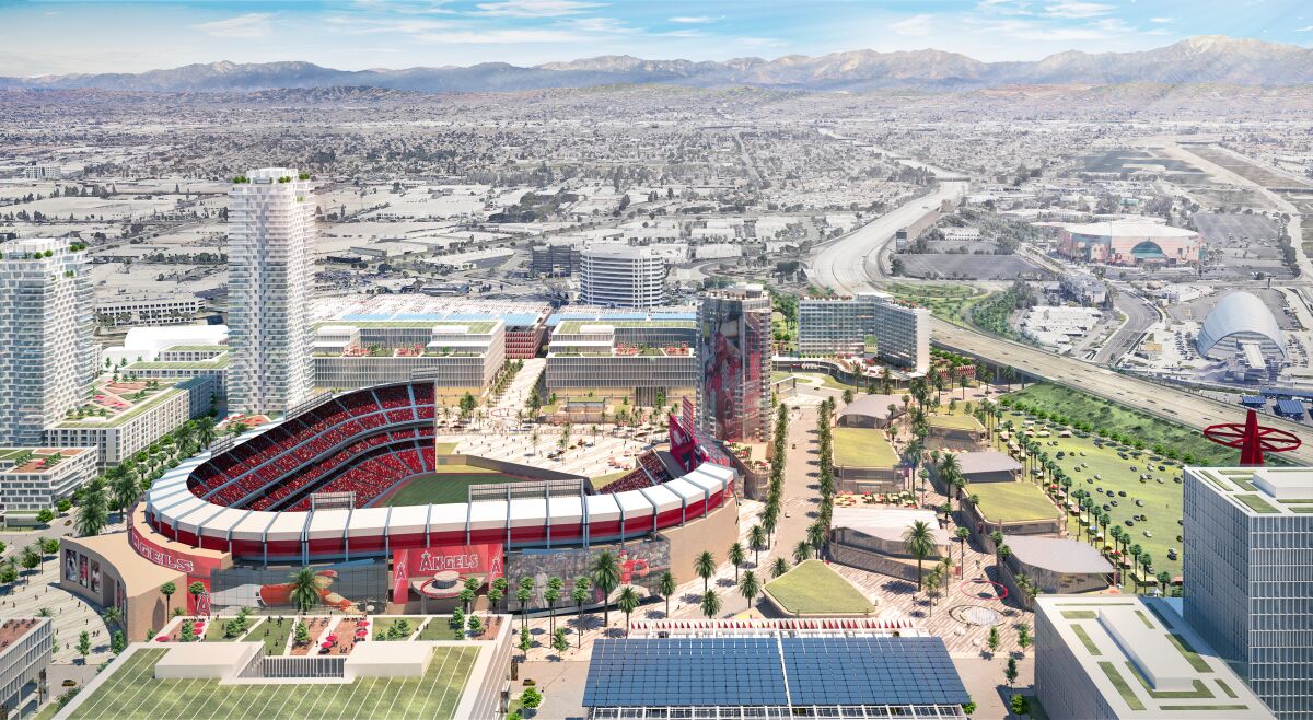 An artist’s rendering of the proposed Angel Stadium development.