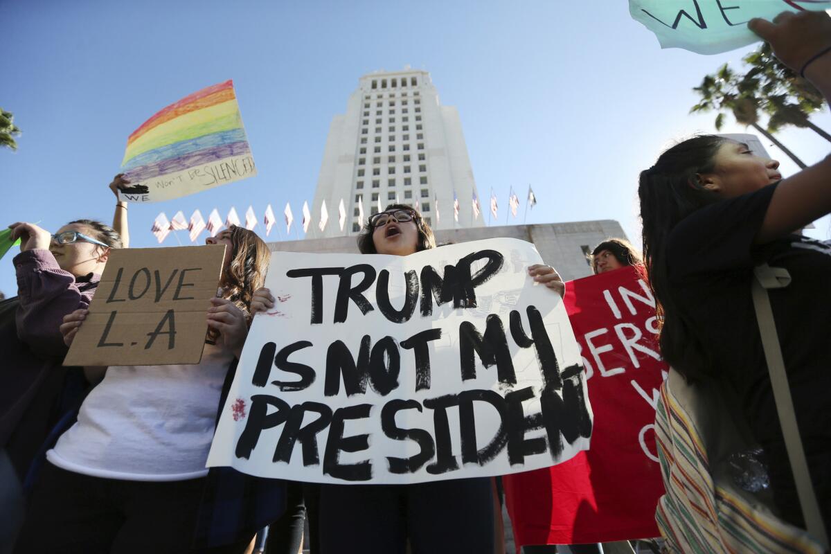 Students from several high schools rally after walking out of classes to protest the election of Donald Trump at City Hall in downtown Los Angeles on Nov. 14.