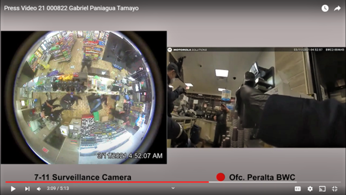 Surveillance and body camera footage shows a CMPD police officer shooting Gabriel Tamayo Paniagua on March 11, 2021.