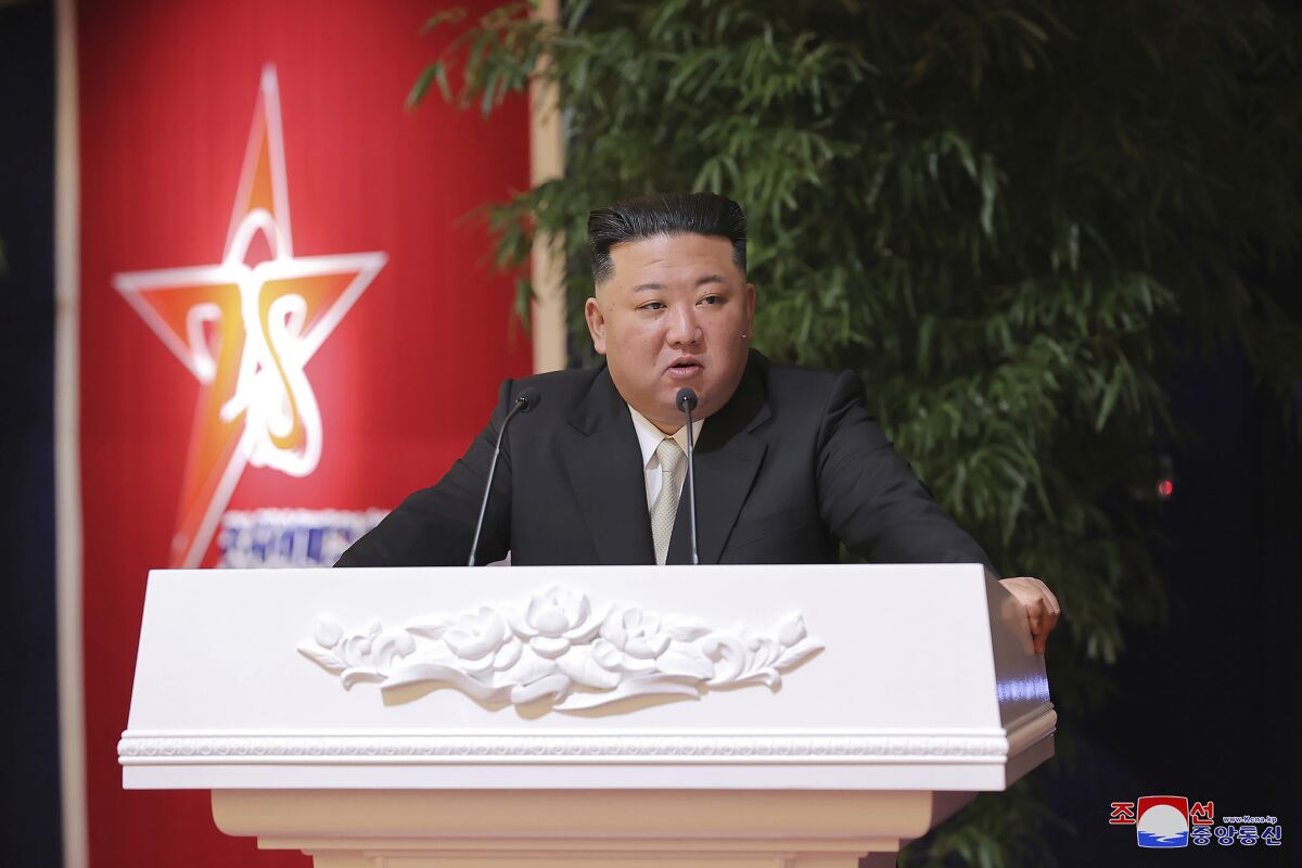 In this photo provided by the North Korean government, North Korean leader Kim Jong Un delivers a speech during a feast to mark the 75th founding anniversary of the Korean People’s Army at an unspecified place in North Korea Tuesday, Feb. 7, 2023. Independent journalists were not given access to cover the event depicted in this image distributed by the North Korean government. The content of this image is as provided and cannot be independently verified. Korean language watermark on image as provided by source reads: "KCNA" which is the abbreviation for Korean Central News Agency. (Korean Central News Agency/Korea News Service via AP)