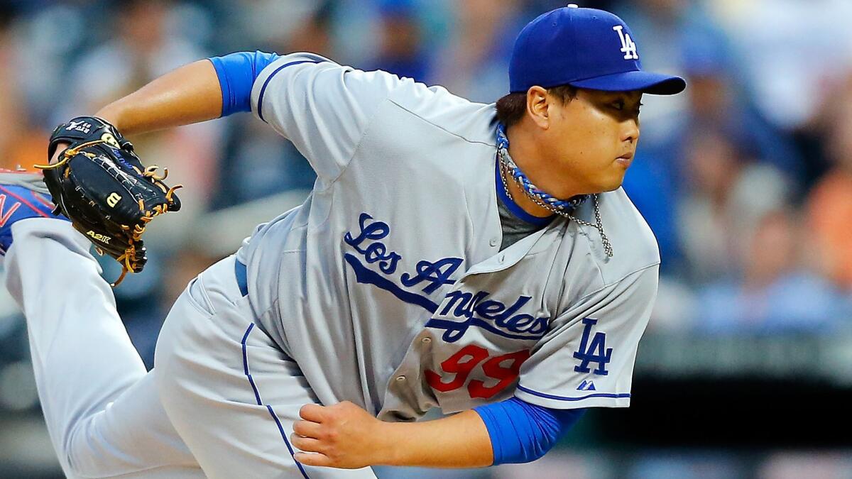 Dodgers starter Hyun-Jin Ryu delivers a pitch against the New York Mets on May 21.