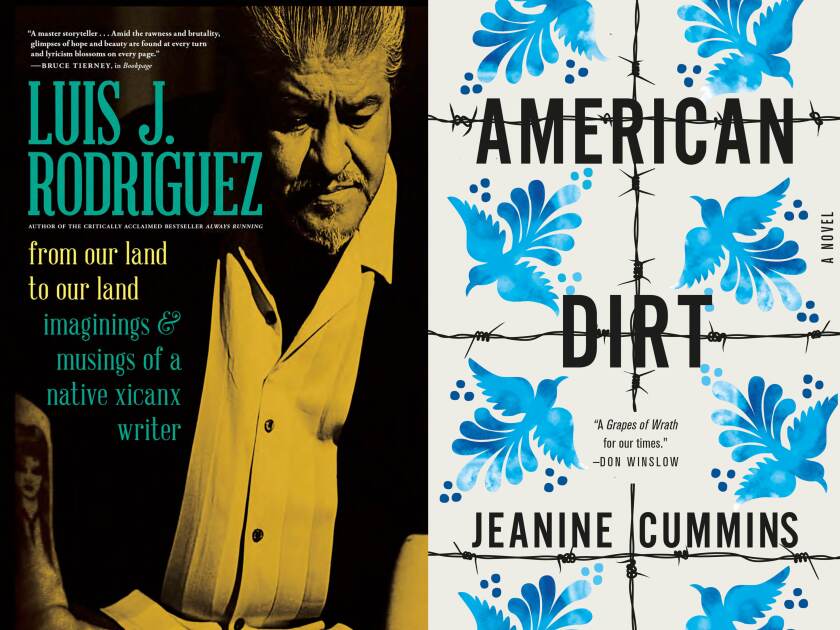 Two book covers from the L.A. Times Book Club lineup, “From Our Land to Our Land” and “American Dirt.”